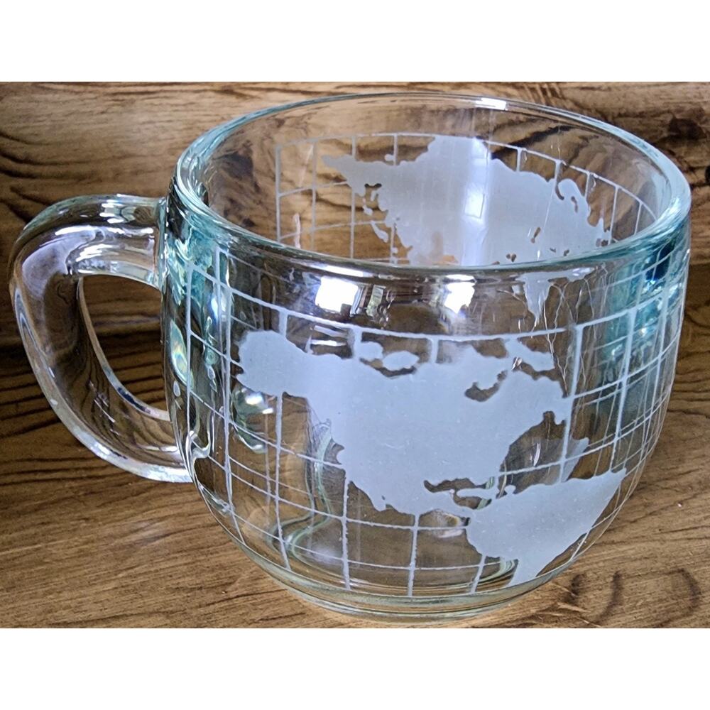 3 VTG Nestle Co Inc Nestles World Globe Clear Etched Glass Coffee Mug Tea Cups